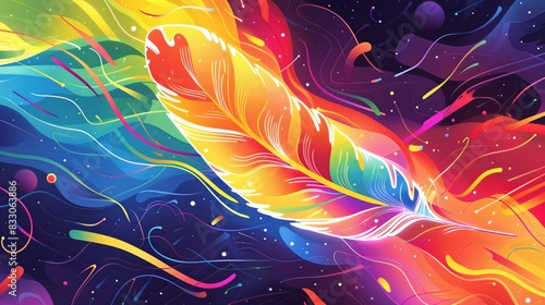 16. A dynamic, vibrant illustration of a rainbow-colored feather floating through abstract shapes and lines, representing lightness and freedom for a Pride Month campaign