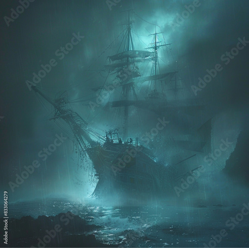 a mysterious night in the South Pacific, where dense fog envelops everything around. a ghostly ship a supernatural aura