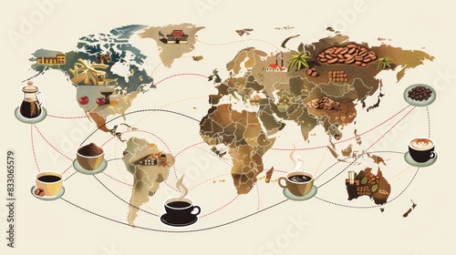 A world map with lines connecting coffee-growing regions to diverse coffee shops, highlighting the bean's global journey. 