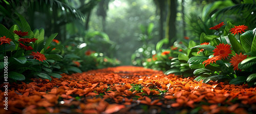 A vibrant nature rainforest scene with exotic flowers and plants, the ground covered in a blanket of fallen leaves