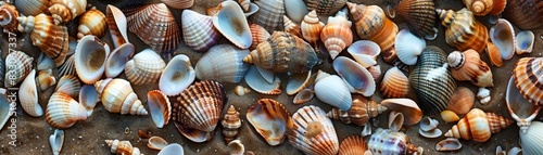Unzip, there are shells of different sizes and shapes scattered on the beach, summer, vacation, seaside, shellfish, vacation, relaxation, 4k high-definition wallpaper, background, generated by AI.