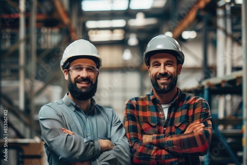 Two middle-aged male professionals smiling confidently while standing in a warehouse with arms crossed
