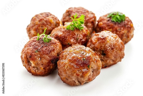 Succulent Swedish meatballs isolated on a white background, perfectly cooked and herbed