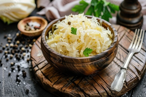 Bowl of sauerkraut with fork on wooden table
