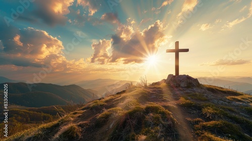 a cross on a mountain top with sun flare backlighting it.