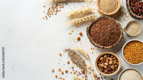 Assorted gluten free grains and food displayed on a white background flat lay arrangement with space for text