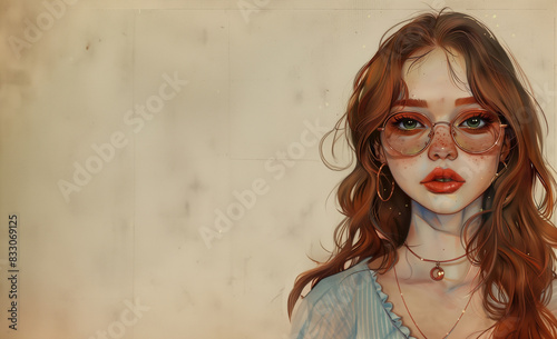 jeune fille rousse aux cheveux longs ondulés, avec des lunettes de soleil rouge et du rouge à lèvre, de face sur un fond beige texturé avec espace négatif copyspace