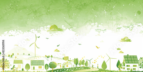 bannière toute verte sur le thème de l'écologie, un monde idéalement respectueux de la planète avec des éoliennes, des panneaux solaires sur les toits, de la végétation, et des gens roulant à vélo. 
