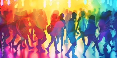 Blurred image of a crowd of people walking in a rainbow of colors.