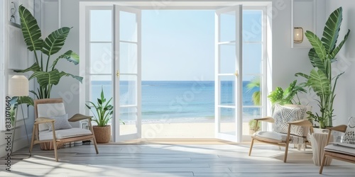 Bright interior of a beach house with a view of the ocean.