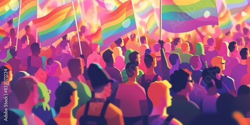 Crowd of people at a pride parade waving rainbow flags.