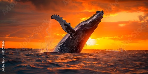 Majestic Humpback Whale Breaching the Ocean Surface at Dramatic Sunset