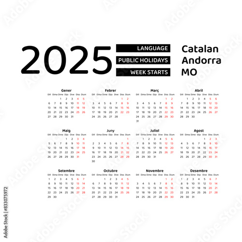 Andorra Calendar 2025. Week starts from Monday. Vector graphic design. Catalan language.