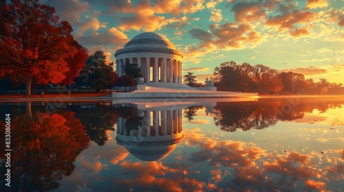 Magnificent Autumn Sunrise at the Iconic Jefferson Memorial Reflected in the Tranquil Lake