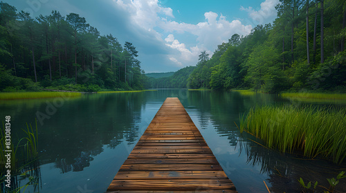 A vibrant nature waterway landscape with a wooden boardwalk extending over the water, the calm surface reflecting the sky