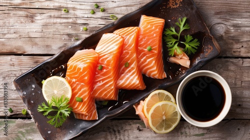 Salmon sashimi served with funchosa, lemon and soy sauce on wooden table, top view Generative Ai