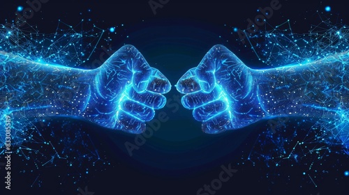 Two hands fist bump punch fists in a glowing blue lines and dots on a dark background