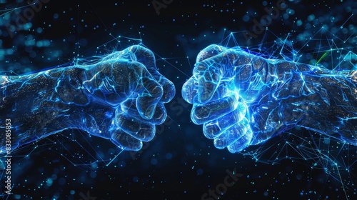 Two hands fist bump punch fists in a glowing blue lines and dots on a dark background