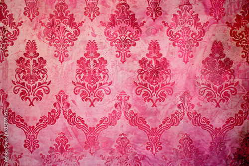 Red damask pattern on pink background, vintage wallpaper with retro design. Background texture for fashion and home