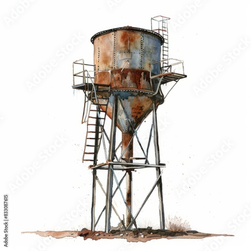 Watercolor painting of a rusty, derelict water tower standing sentinel over a deserted town, its ladder broken and steps rusted through, Generative AI
