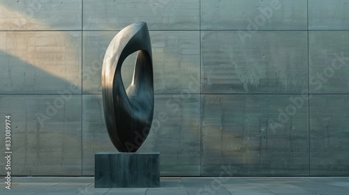 Abstract sculpture of a vertically aligned oblong loop against a minimalist concrete wall background, bathed in soft daylight