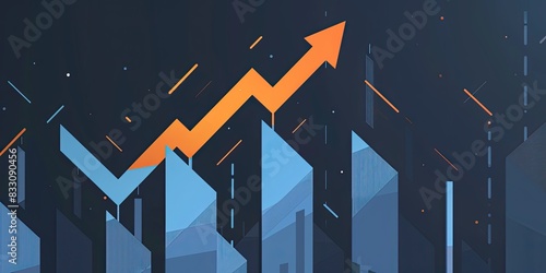 A flat vector graph of the stock market going up, blue and grey with an orange arrow pointing upwards. The animation style is 2D with a simple, high resolution design rendered
