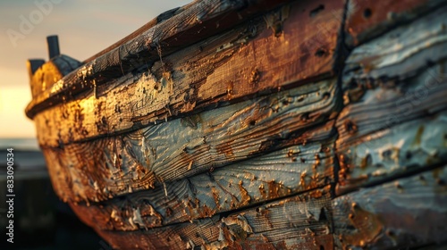 Close-up of a weathered wooden boat, showing the texture of the wood and the effects of time and the elements.