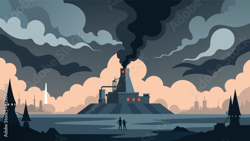 The stark expanse of the site is punctuated by plumes of smoke and steam an eerie sight from above.. Vector illustration