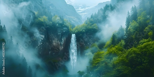 Majestic Mountain Waterfall Cascading Down Dramatic and Tranquil Landscape Scenery of Natural Serenity