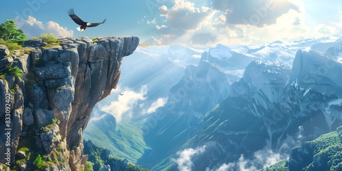 Majestic Eagles Soaring Over Rugged Rocky Mountain Cliffs Amidst Serene and Tranquil Landscape Panorama