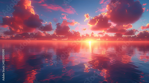 An ultra HD view of a nature lagoon at sunrise, the sky glowing with vibrant colors and the water reflecting the light