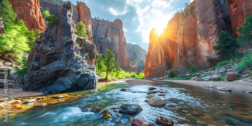 Dramatic Rocky Mountain Cliffs with Serene River Flowing Below Vibrant Landscape of Natural Splendor
