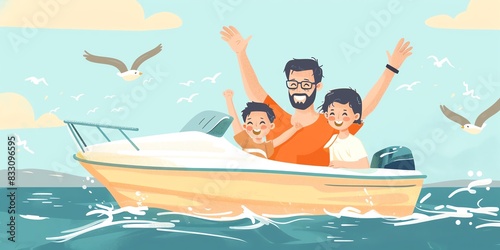 Happy family on a boat trip. Father and his sons are sailing in the sea. Vector illustration.