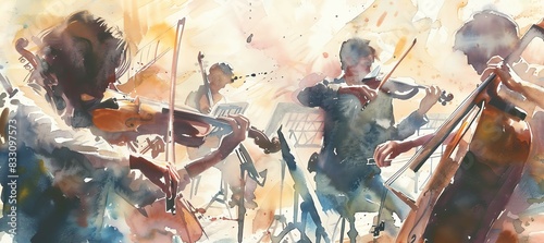 The image shows a watercolor painting of a string quartet.