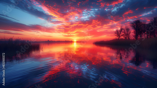 An ultra HD view of a nature delta at sunrise, the sky glowing with vibrant colors and the water reflecting the light