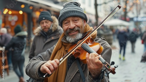 A street performer captivates a small crowd with an impromptu violin performance in a busy square