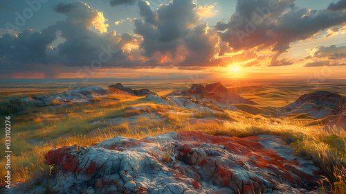 An ultra HD view of a nature badland at sunrise, the sky glowing with vibrant colors and the rock formations casting long shadows