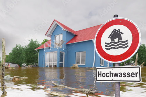 3d Illustation - Schild - Unwetter - Hochwasser - Überschwemmung - Haus - Überflutung - Versicherung