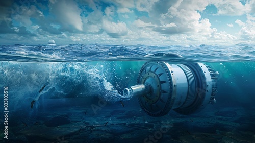 A detailed illustration of a tidal energy generator submerged underwater, capturing the power of the tides to generate clean electricity