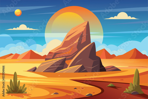 Flat Design Illustration of Rock Stone in Arabian Desert with Sun on Sunny Day vector