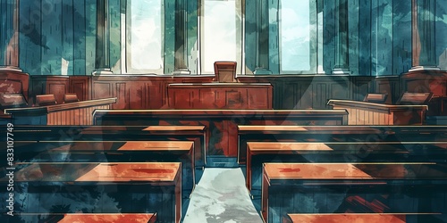 The courtroom is empty, save for the judge's bench and the jury box