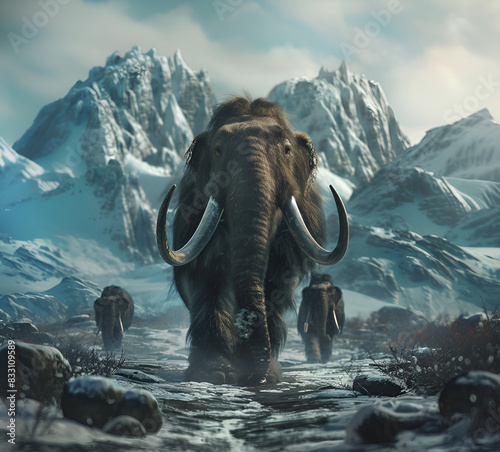 Woolly mammoth roaming the terrains of the ice age earth