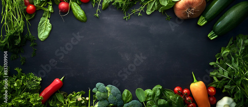Fresh Vegetables on Blackboard Background, world food safety concept, background with copy text for FMCG industry 