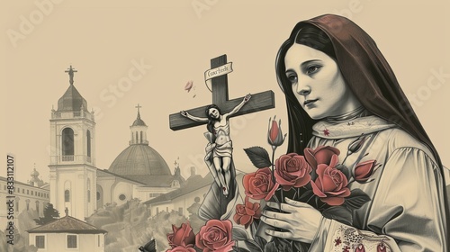 St. Therese of the Child Jesus Holding Crucifix and Roses, Carmelite Convent, Biblical Illustration, Beige Background, Copyspace