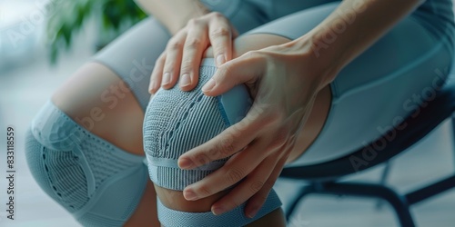 Woman in sportswear holding her knee in pain.