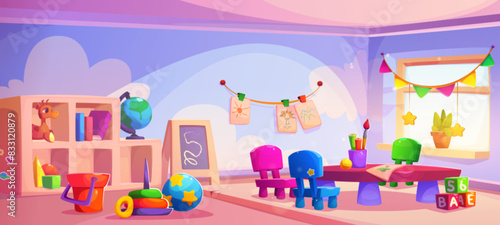 Kindergarten classroom cartoon. Kid school room vector background. Preschool indoor playground for education game design with cute furniture drawing. Table, chair, shelf and cube activity inside
