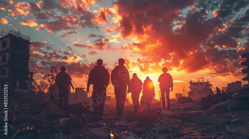 Silhouettes of people walking through a post-apocalyptic landscape at sunset. The sky is filled with fiery orange and red clouds.
