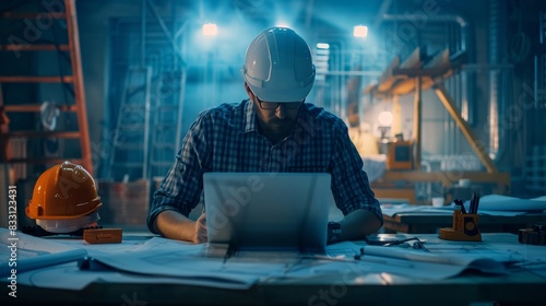 An engineer using a laptop to compile data and design plans for a new project, surrounded by blueprints and construction equipment.