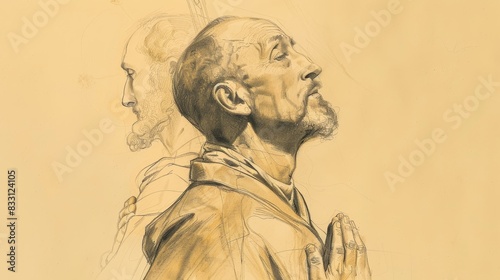 St. Ignatius of Loyola in Prayer, Vision of Christ, Biblical Illustration, Beige Background, Copyspace