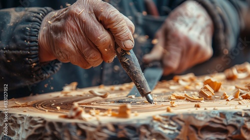 Artisan using carving tools to shape wood.